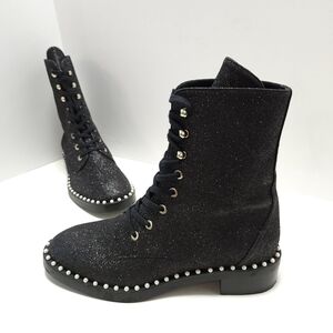 Stuart Weitzman Sondra Glitter Pearl Womens Combat Boots Size 7 Black